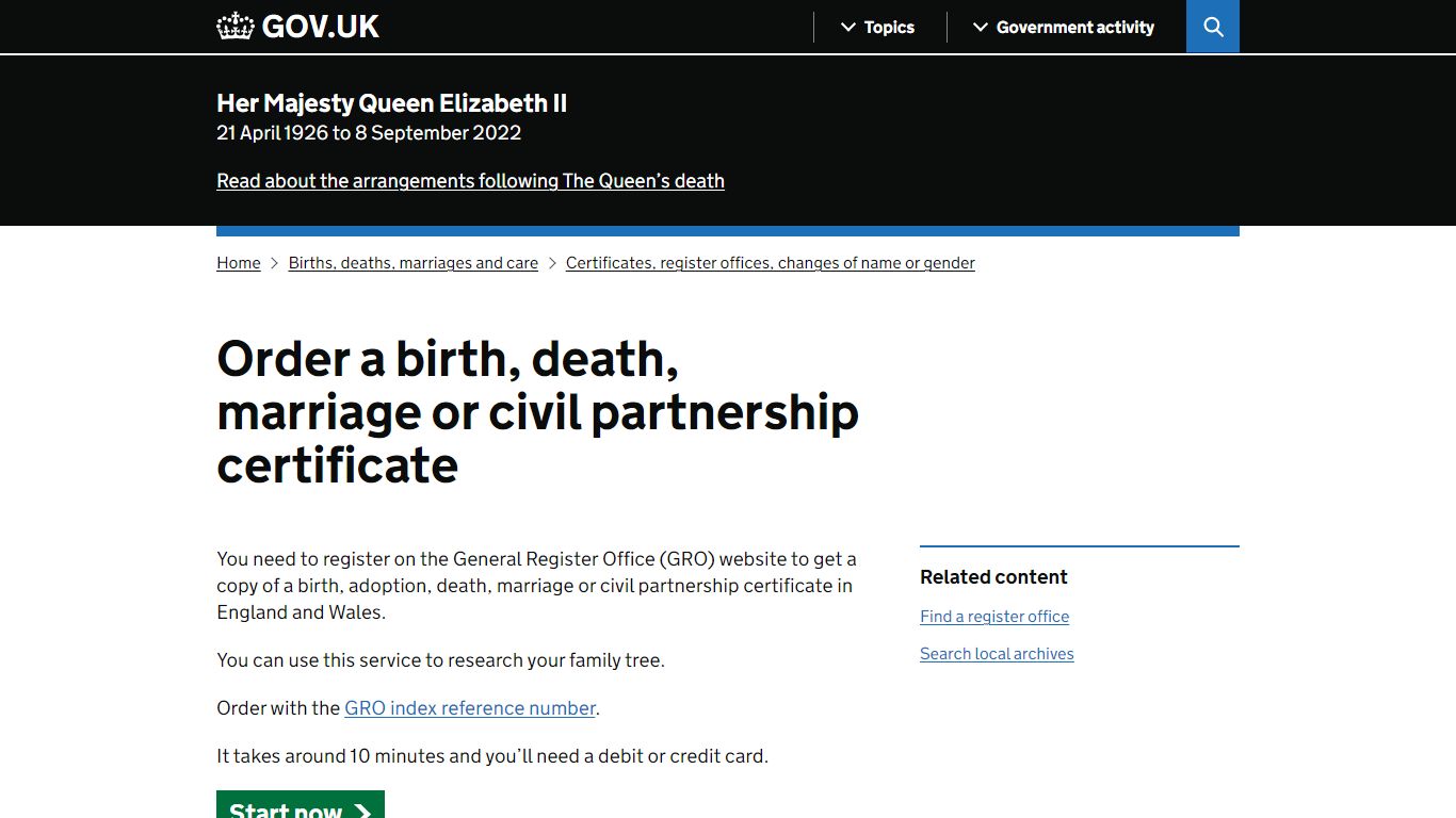 Order a birth, death, marriage or civil partnership certificate